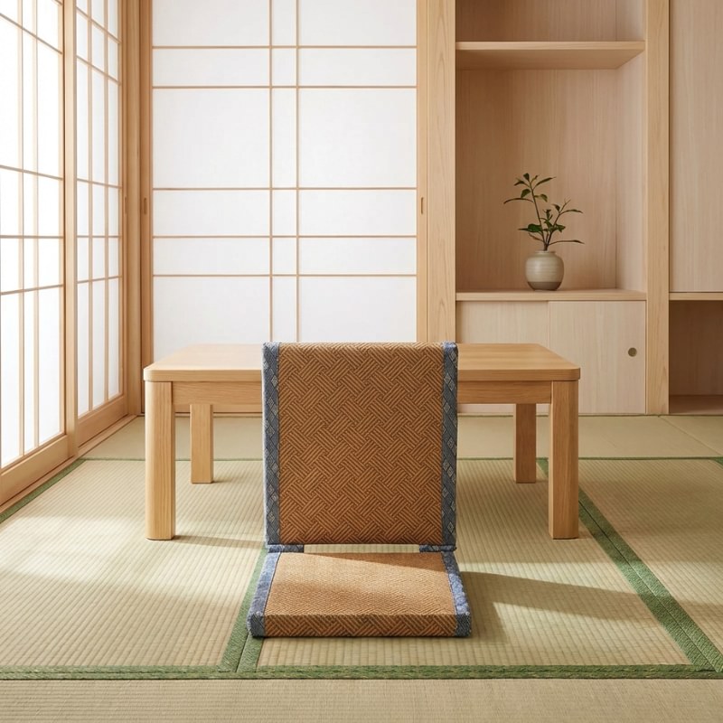 Chair zaisu with woven igusa reed surface and blue fabric border on tatami floor beside wooden table and shoji screen