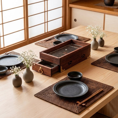 Charcoal Japanese barbecue wooden grill with brass ring handle and opened drawer on dining table with black ceramic tableware