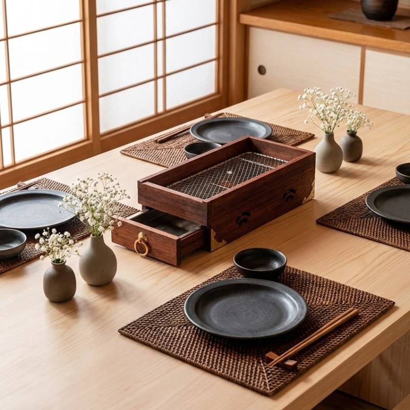 Charcoal Japanese barbecue wooden grill with brass ring handle and opened drawer on dining table with black ceramic tableware