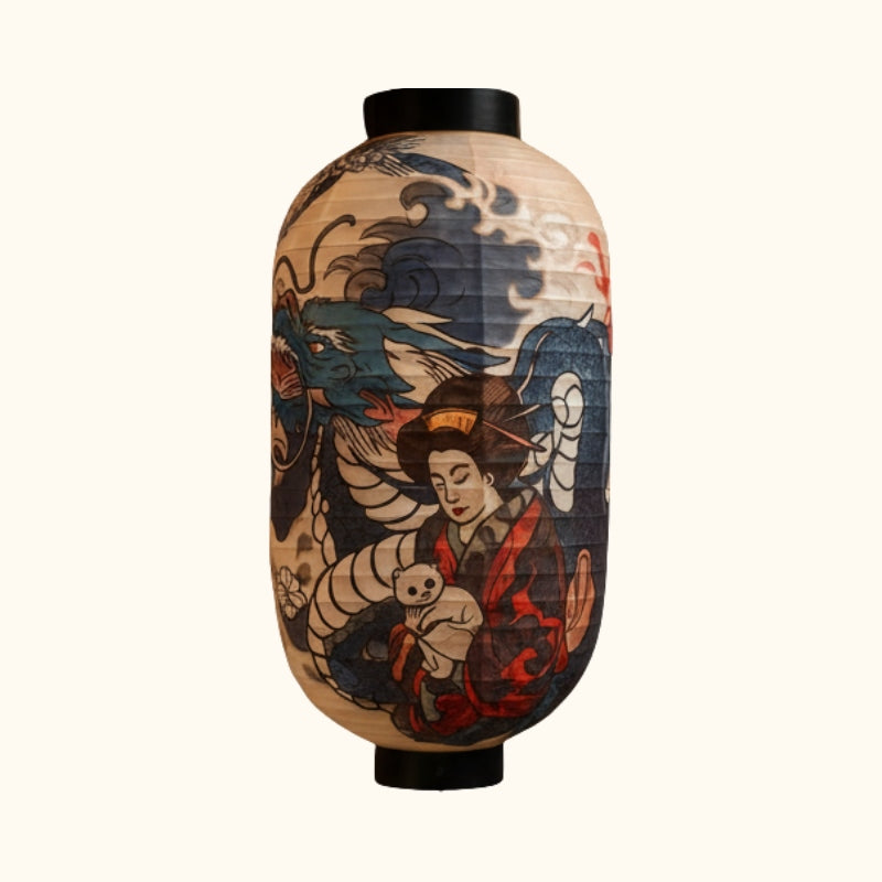 Traditional chochin japanese lantern with ukiyo-e artwork featuring geisha dragon and waves displayed on clean white background showcasing irezumi style
