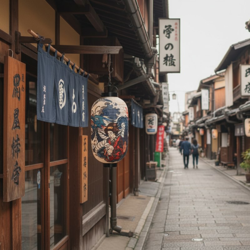 Authentic chochin lantern japanese with bold ukiyo-e design hanging outside traditional shopfront with blue noren curtain on historic street