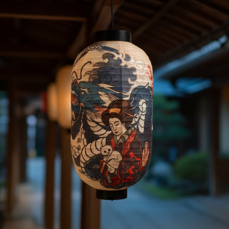 Elegant chochin lantern with geisha and dragon artwork suspended under wooden beam overlooking serene Japanese garden in soft natural light