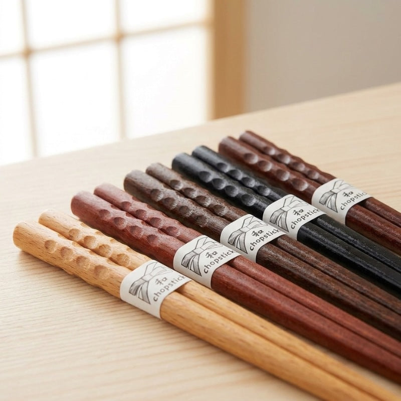Five pairs of chopsticks in bamboo with carved dot grip banded with Japanese paper rings fanned out on a light wood table near a shoji window