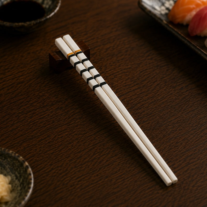 Single pair of white ceramic chopstick with black stripe and gold band detail resting on a wooden holder, with sushi and soy sauce in the background on dark wood
