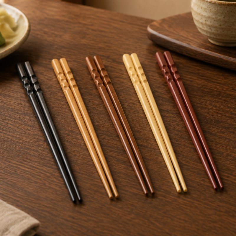 Five pairs of chopsticks in bamboo with carved grip detail in black, natural, golden and dark red tones arranged on a dark wood surface with ceramic tableware