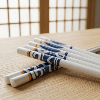 Close-up of white ceramic chopsticks with blue indigo motifs and orange accent bands resting on a wood surface with a shoji screen in the background