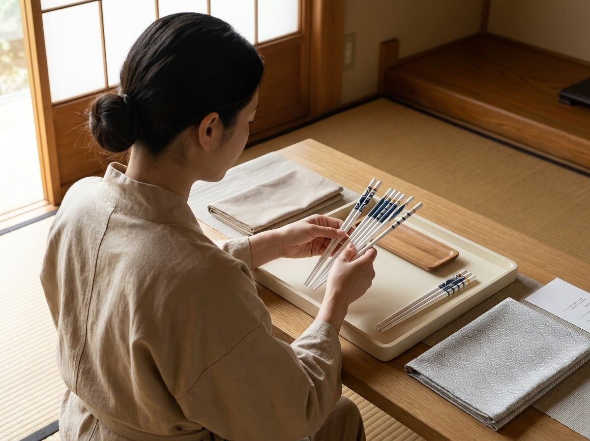 Woman in linen apron arranging a set of traditional ceramic chopsticks with blue Japanese motifs on a wooden tray in a warm tatami room