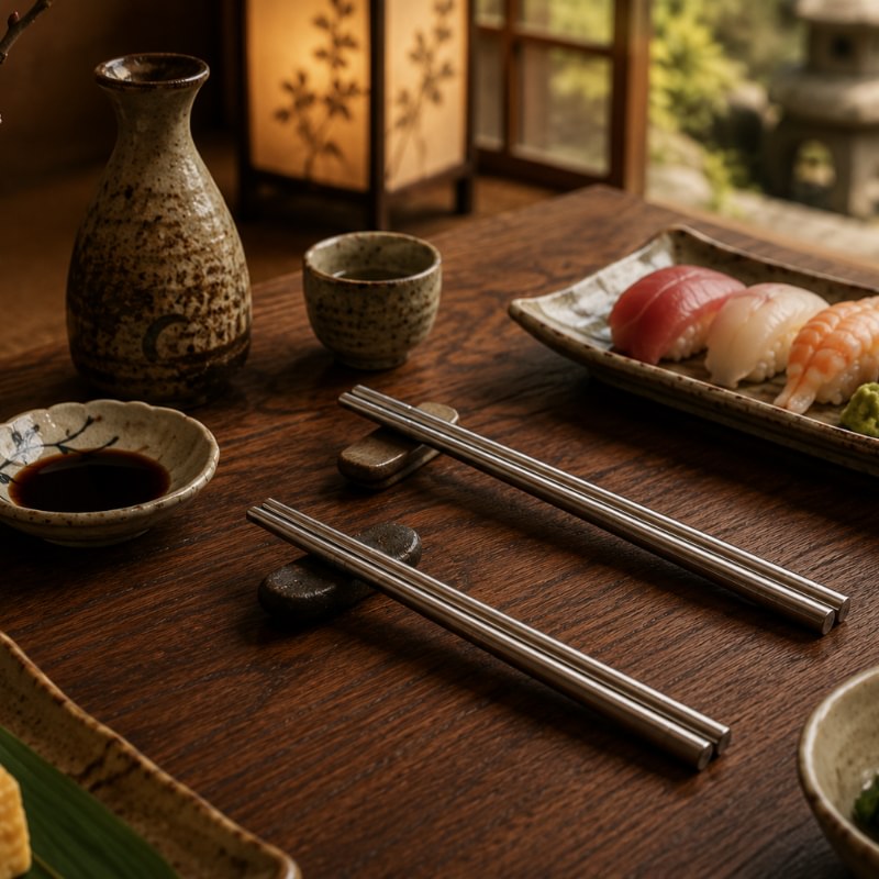 Two pairs of metal chopsticks resting on stone holders on a dark wooden table with sushi, sake carafe and soy sauce bowl