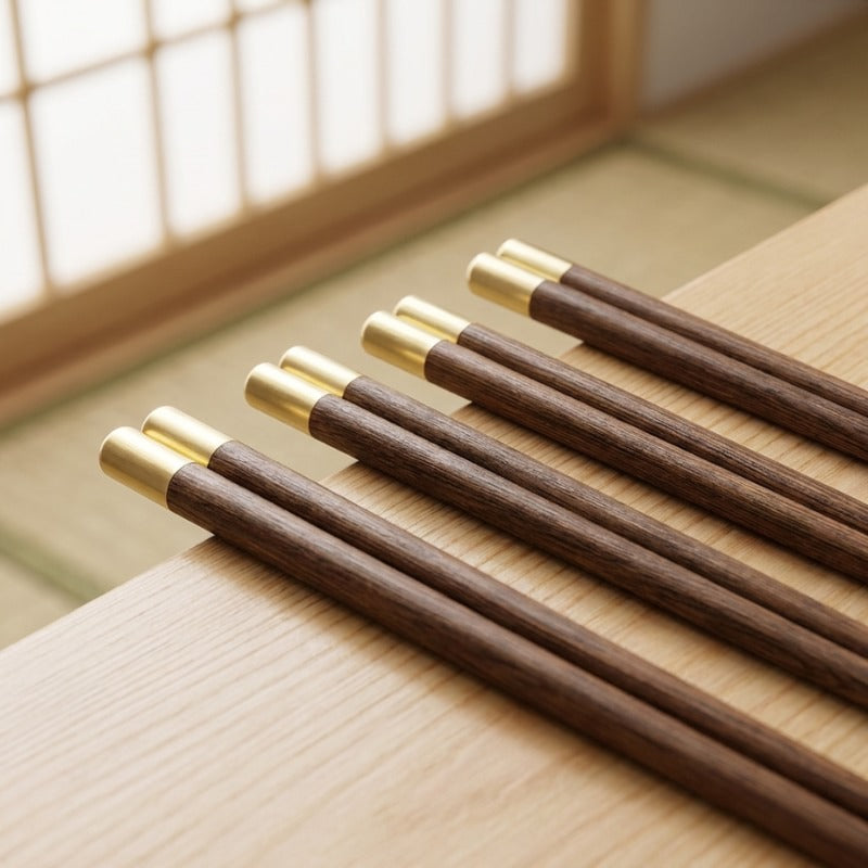 Close-up of chopsticks wood in dark walnut with gold brass caps resting on a low table edge near a shoji window and tatami floor