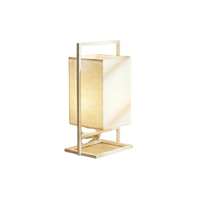 Modern cloth table lamp japanese with white wooden frame and beige linen shade displaying minimalist design on clean white background