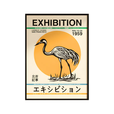 Vintage crane japanese poster from 1959 San Francisco exhibition featuring elegant bird silhouette against orange sun in black frame on white background
