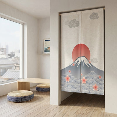 Elegant curtain japanese noren with Mount Fuji red rising sun sakura blossoms and seigaiha wave pattern hanging in modern Japanese room with city rooftop view and Ukiyo-e print on shelf