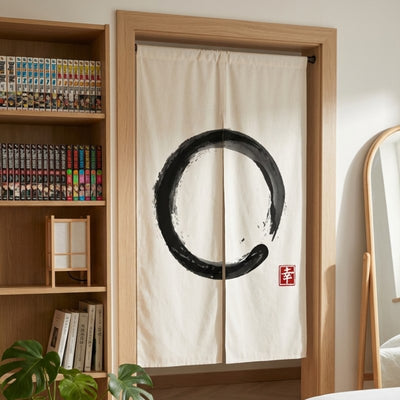 Curtain linen noren with black Enso zen circle hanging in modern bedroom doorway with manga bookshelf and monstera plant