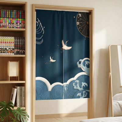 Curtain noren japan with navy blue flying cranes ocean waves and traditional wagasa umbrella hanging in modern bedroom doorway with manga bookshelf round mirror and monstera plant