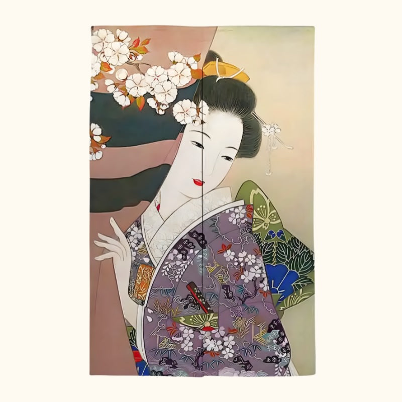 Traditional curtain noren japanese geisha with maiko in purple embroidered kimono cherry blossom hair ornaments and kanzashi pins displayed on white background