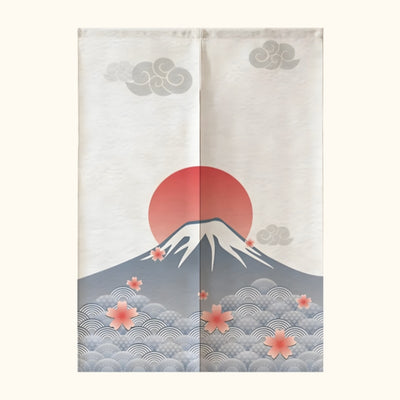 Traditional curtain noren japanese with Mount Fuji red sun cherry blossoms and decorative clouds on cream linen fabric displayed on clean white background