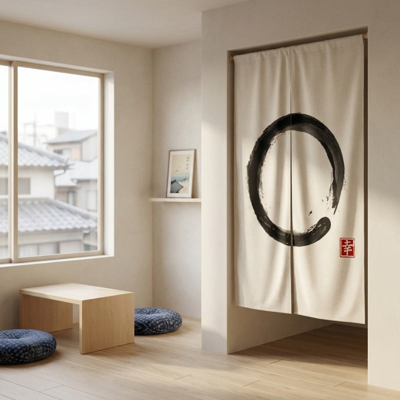 Curtain noren linen Enso zen circle displayed on wall in minimalist Japanese room with low table and floor cushions