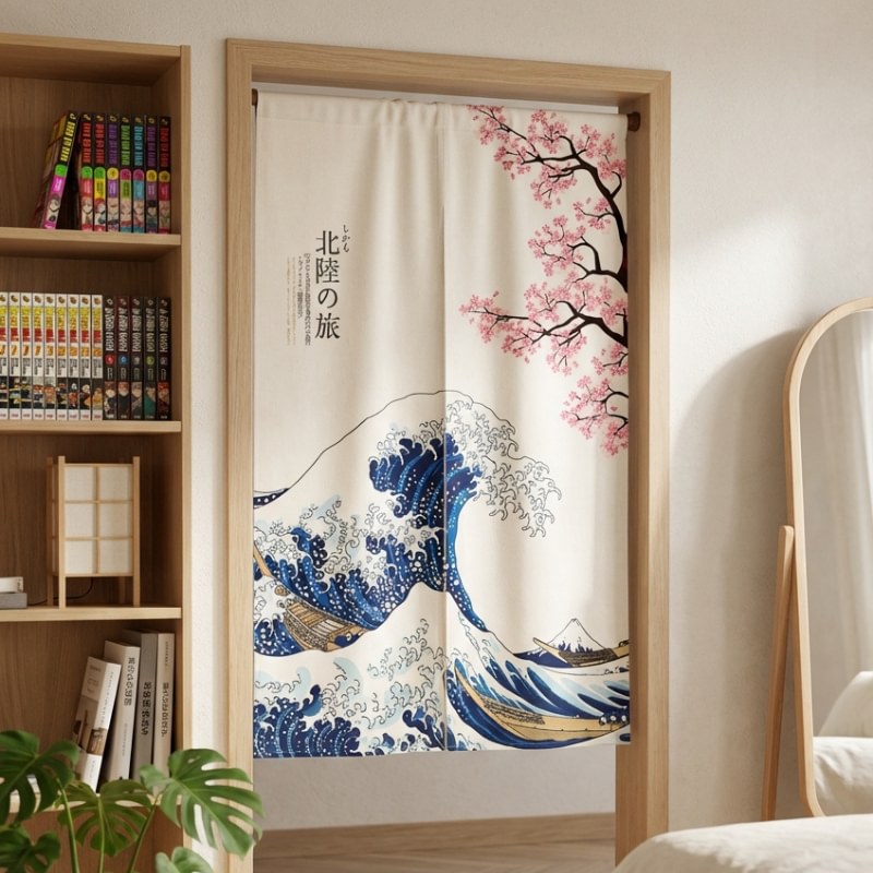 Curtains japanese noren with Hokusai Great Wave sakura blossoms and Japanese calligraphy hanging in modern doorway framed by manga bookshelf and round mirror