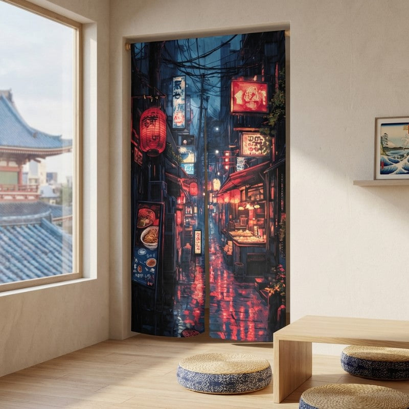 Curtains noren with rainy Tokyo night alley red paper lanterns glowing neon signs and ramen restaurant display hanging in minimalist Japanese room with wooden low table and floor cushions