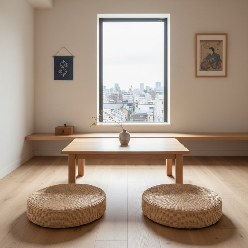 Japanese round floor cushion pair in natural woven rattan beside wooden table near window with urban view and ukiyo-e art