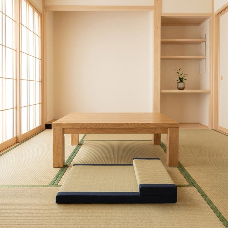 Cushion japanese blue with tatami weave and navy borders on tatami floor near chabudai table with shoji screen tokonoma