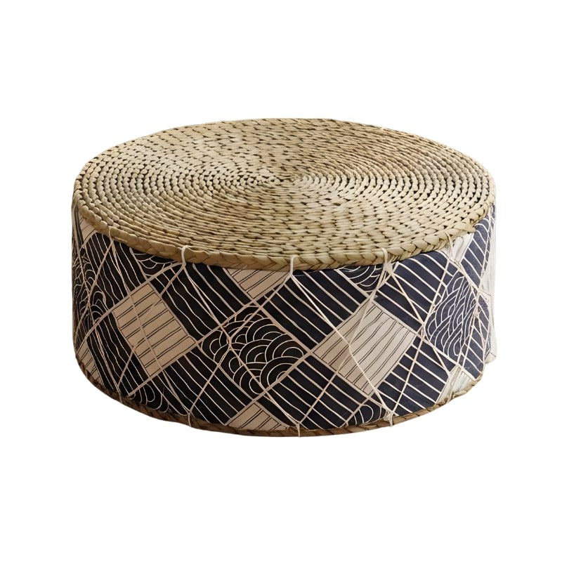 Cushion japanese floor zabuton with woven seagrass top and navy blue geometric pattern on white background