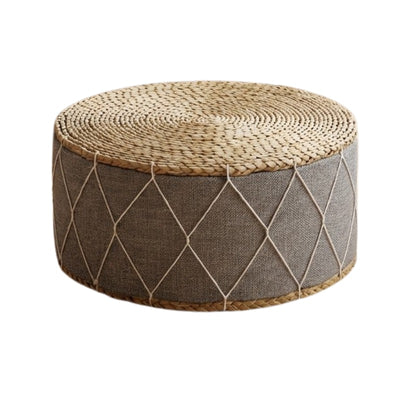 Japanese seat cushion with woven rattan top and grey linen diamond pattern sides on white background