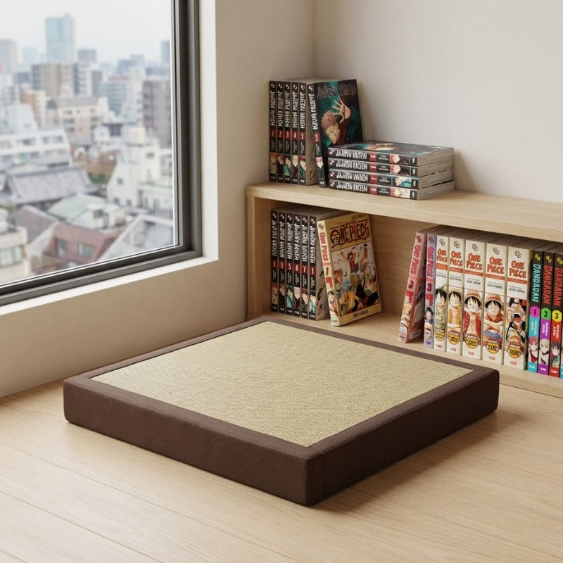 Japanese seating cushion in beige tatami weave with brown border near window with urban view and manga bookshelf