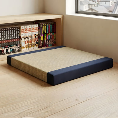 Cushion japanese with beige tatami surface and navy blue borders near bookshelf with manga collection and window