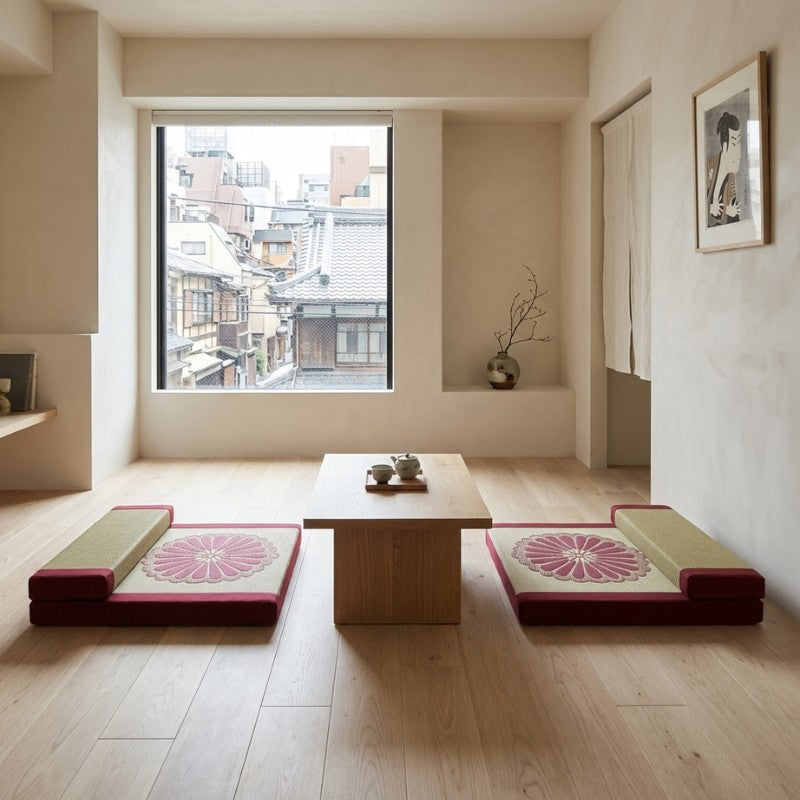 Meditation floor cushion pair with burgundy borders chrysanthemum motifs beside wooden table near window with traditional rooftops view