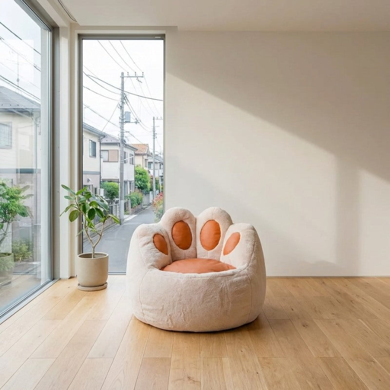 Cute bag bean shaped like cat paw in beige fleece with caramel toe pads near large window overlooking japanese neighborhood