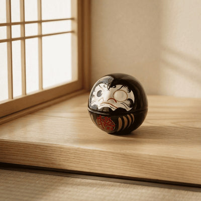 Traditional daruma black mini figurine with determined expression resting on wooden surface near shoji window in warm natural light
