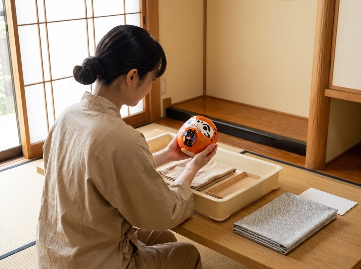 Artisan in beige linen robe examining an orange ceramic daruma at the workshop table, traditional black brow and gold kanji design, tatami room with folded cloths and lacquer tray nearby