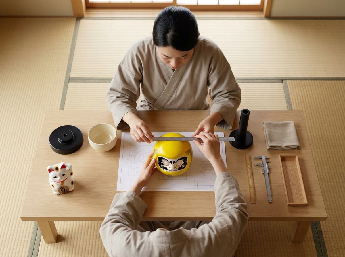 Overhead view of two hands measuring a yellow daruma doll japan traditional in origin, glossy ceramic with a bold black-and-white face, against a blueprint