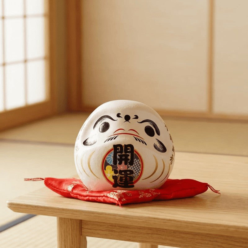 Peaceful white daruma doll japanese kanji with traditional characters and harmony symbols sitting on red cushion near wooden table in serene tatami room
