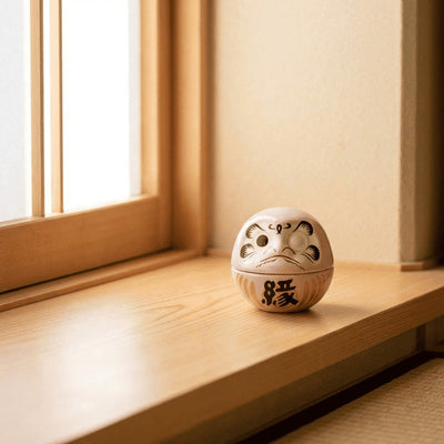 Soft pink daruma doll with gentle expression and gold prosperity kanji positioned on wooden table near window catching warm afternoon sunlight