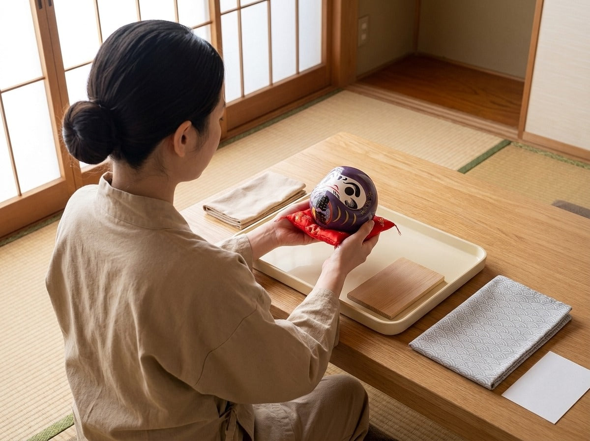 Artisan holding a glossy purple ceramic daruma doll above a cream tray, wooden stand and folded wave-patterned cloth on the table, tatami room with sliding shoji doors