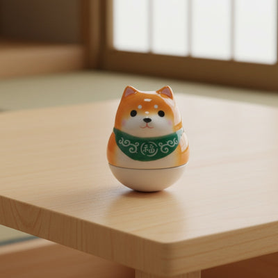 Energetic daruma doll shiba with green collar on wooden table near bright shoji window in traditional room
