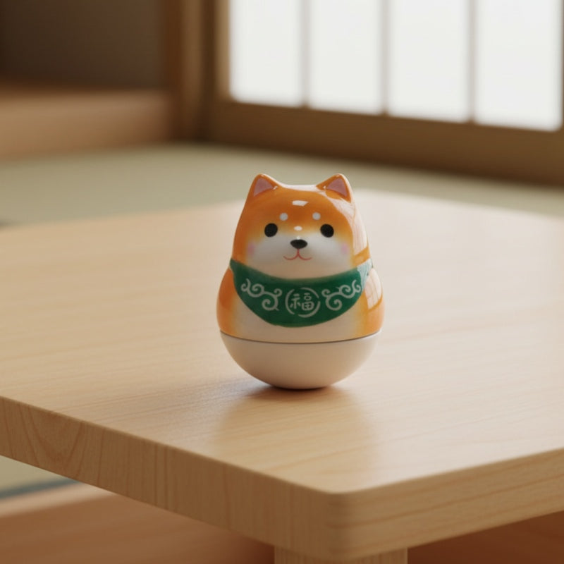 Energetic daruma doll shiba with green collar on wooden table near bright shoji window in traditional room