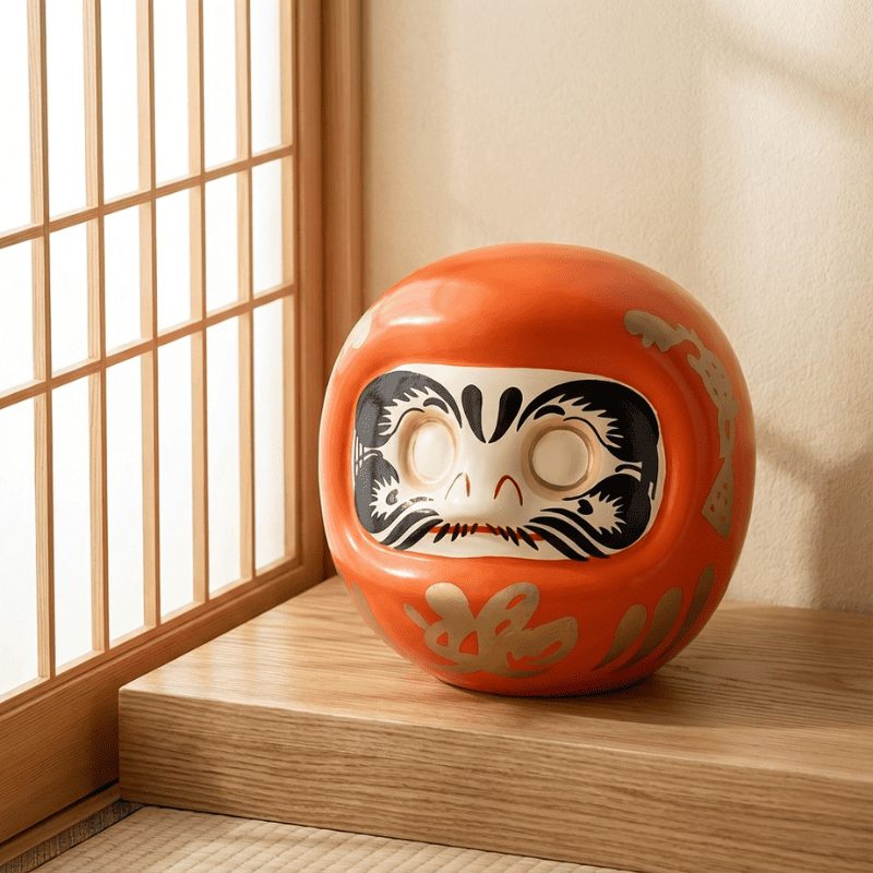 Vibrant daruma in Japanese orange ceramic with gold decorative details sits on wooden shelf beside shoji screen catching warm afternoon sunlight