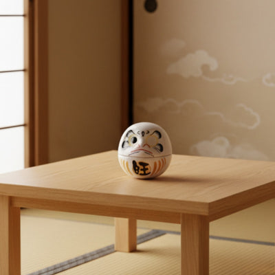 White daruma japan with golden calligraphy and blank eyes on wooden table in traditional room with shoji screen