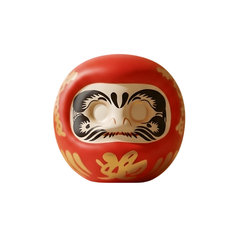 Vibrant daruma red Japanese goal keeper with golden brush accents sitting on minimalist wooden shelf in serene traditional Japanese interior space.