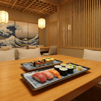 Premium decoration sushi plate with assorted nigiri and maki in authentic Japanese restaurant with Hokusai wave backdrop