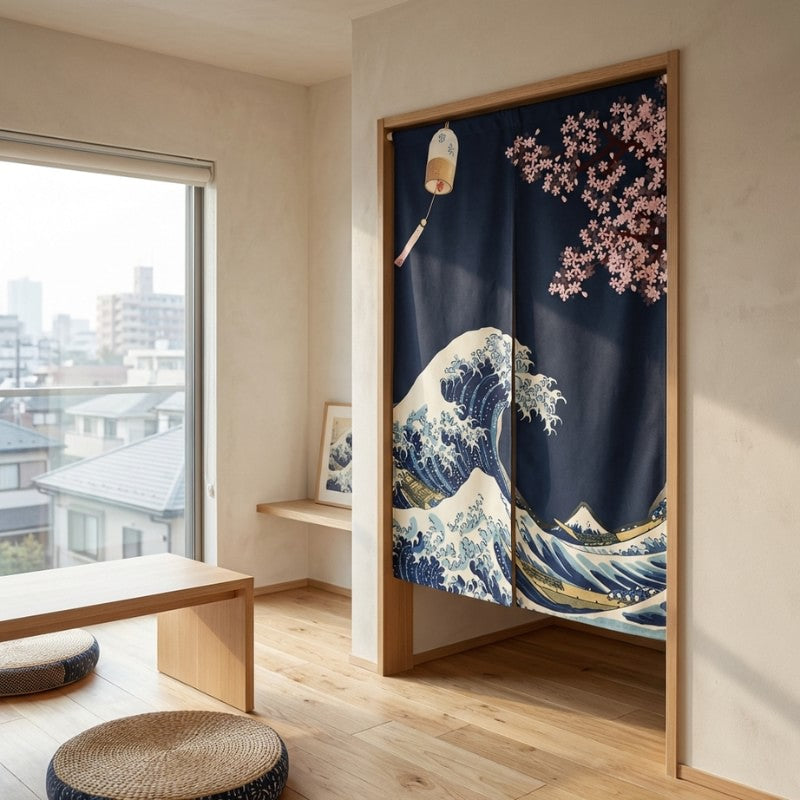 Door japanese curtain noren featuring navy Hokusai Great Wave sakura blossoms and furin wind chime hanging in modern Japanese room with low table floor cushions and city rooftop view