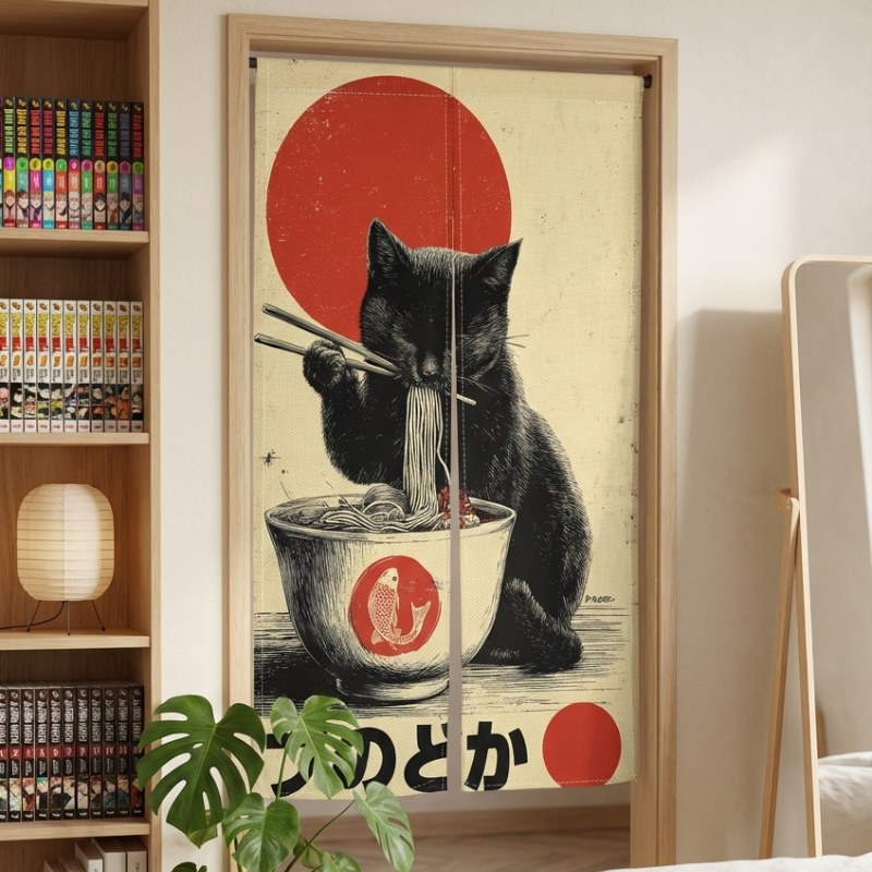 Door noren curtain featuring retro black cat eating ramen with red sun and koi bowl displayed in modern bedroom doorway with manga bookshelf and round mirror