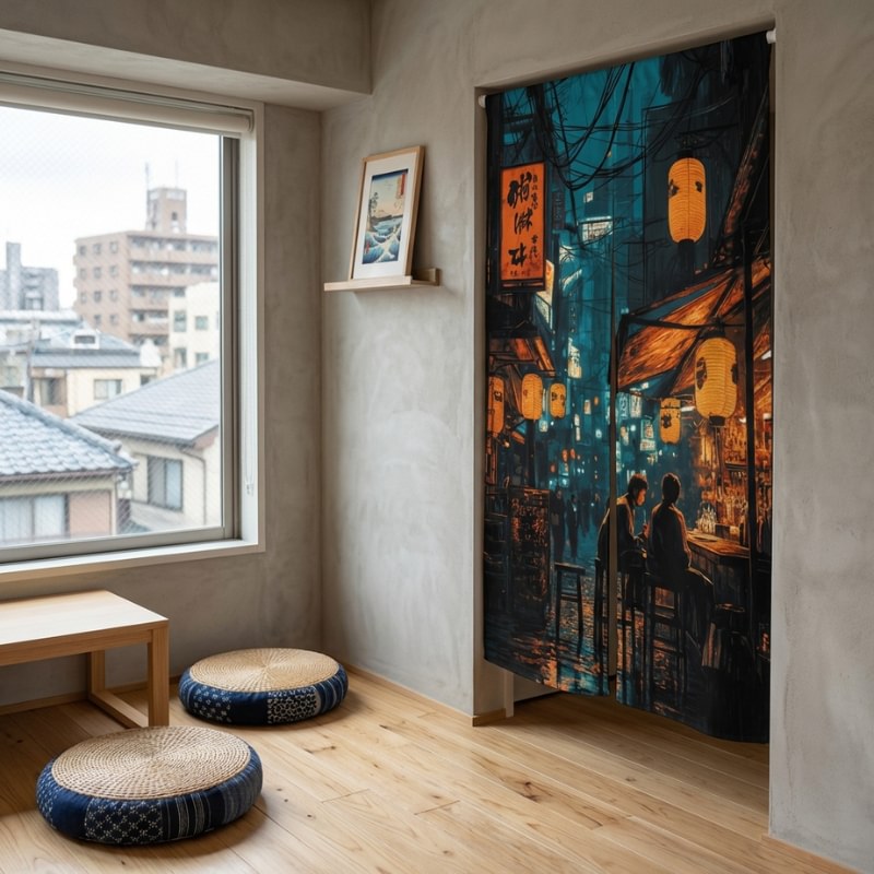 Doorway japanese noren with cinematic Tokyo night alley golden lanterns orange kanji sign and couple at bar displayed in minimalist Japanese room with low table floor cushions and city rooftop view