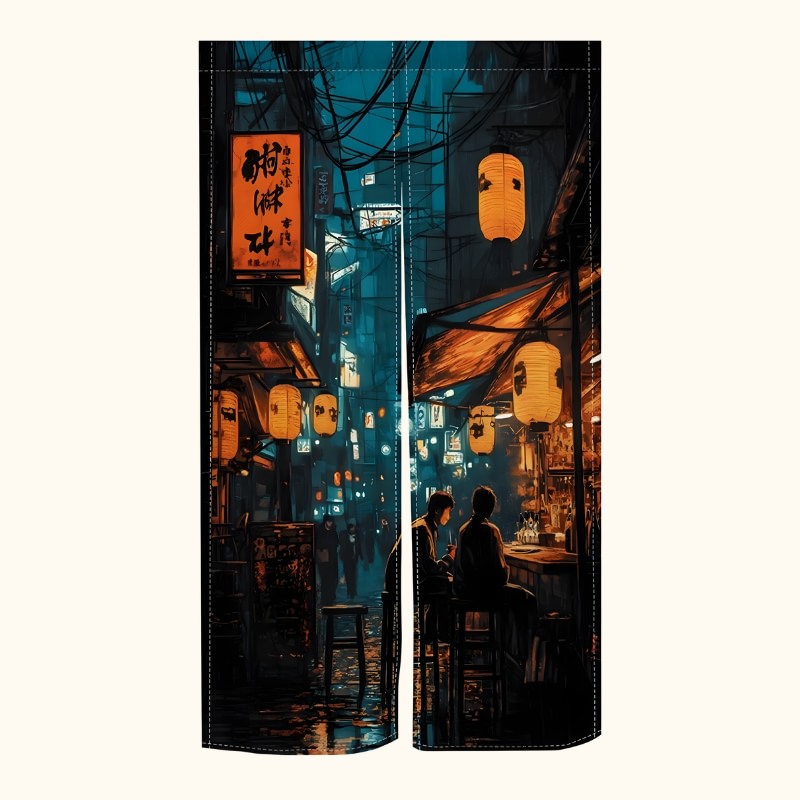 Atmospheric doorway noren japanese featuring Tokyo night street scene with glowing paper lanterns orange kanji billboard and silhouetted figures at izakaya bar on white background