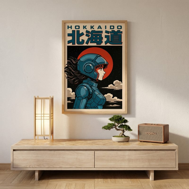 Stylish fabric print japanese poster with space helmet design displayed above wooden console with bamboo lamp bonsai tree and vintage radio