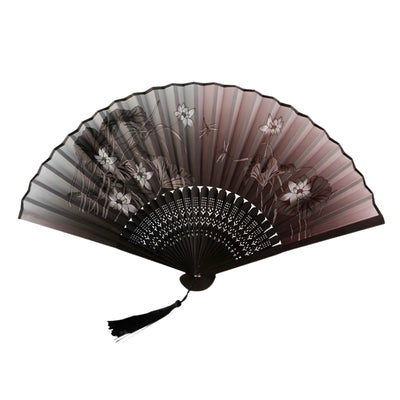 Elegant fan black japanese with black to mauve gradient white iris blooms and carved lacquered bamboo frame with silk tassel