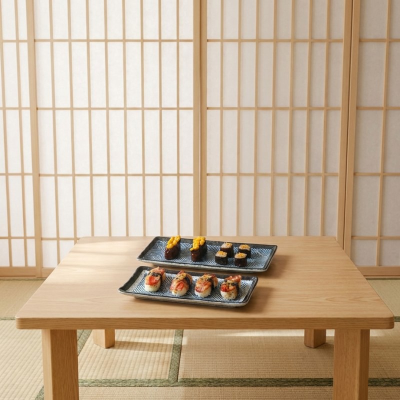 Elegant fancy plate sushi set with geometric patterns and premium nigiri presentation on chabudai table